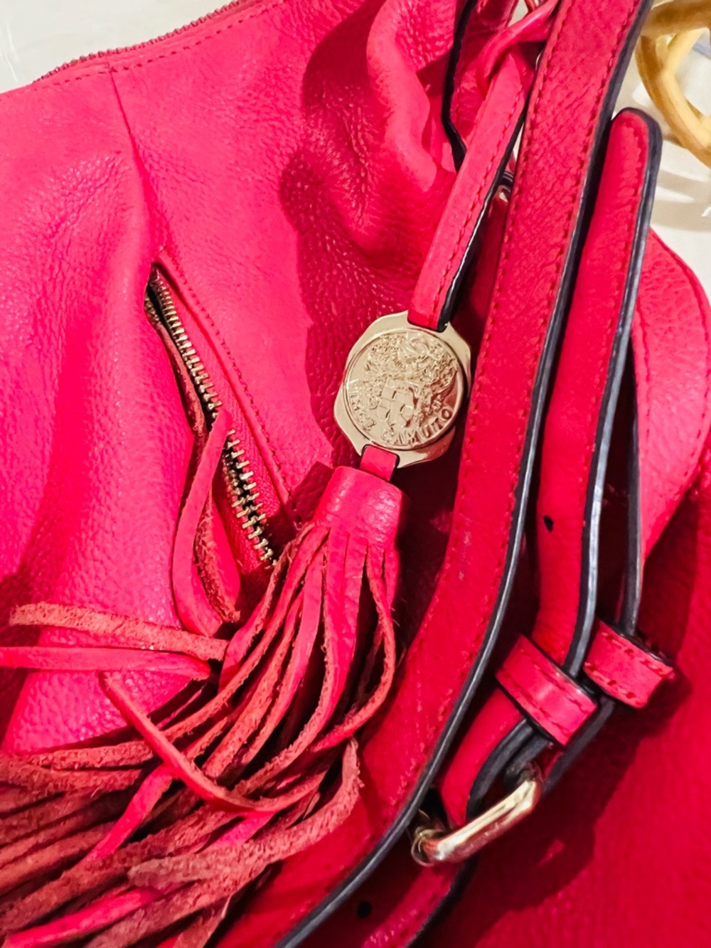 Vince Camuto Hot Pink Leather Tassel Shoulder Bag with Gold Medallion